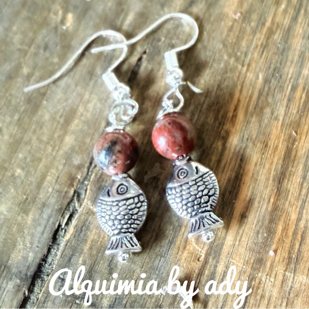 Silver fish and red jasper Earrings